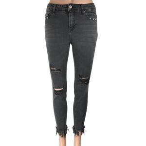 Stradivarius Women's Black Distressed Mid Rise Raw Hem Skinny Denim Jeans Sz 2